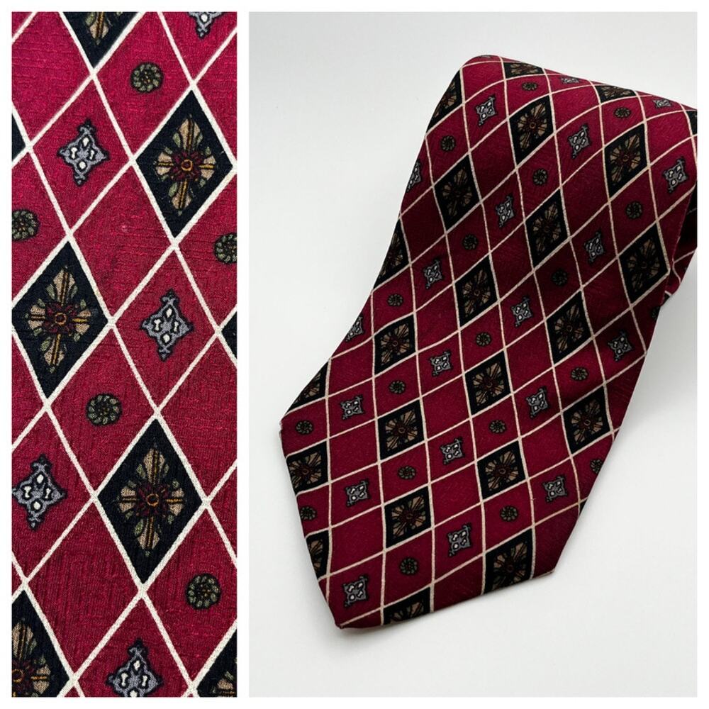 Bill Blass Burgundy tie Black Gray Ornate Diamonds XL 61"